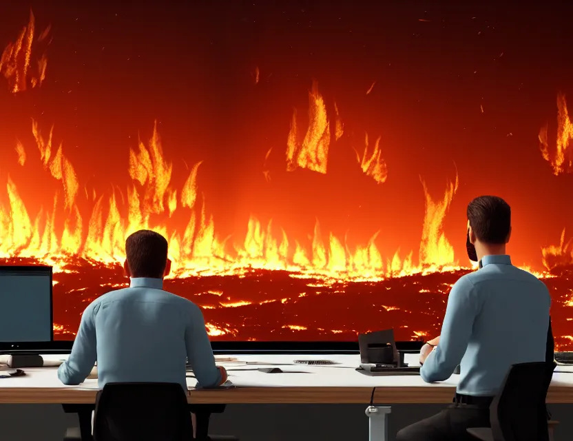 Prompt: a man sit at a workstation in a big office and looks at the burning fires, close up, featured in artstation, intricate, ultra detailed, unreal engine, concept art, wide - angle lens, sharp focus, illustration, 8 k