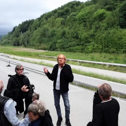 Prompt: Klaus Kinski arguing with climate activists that are organising a human barrier on german autobahn