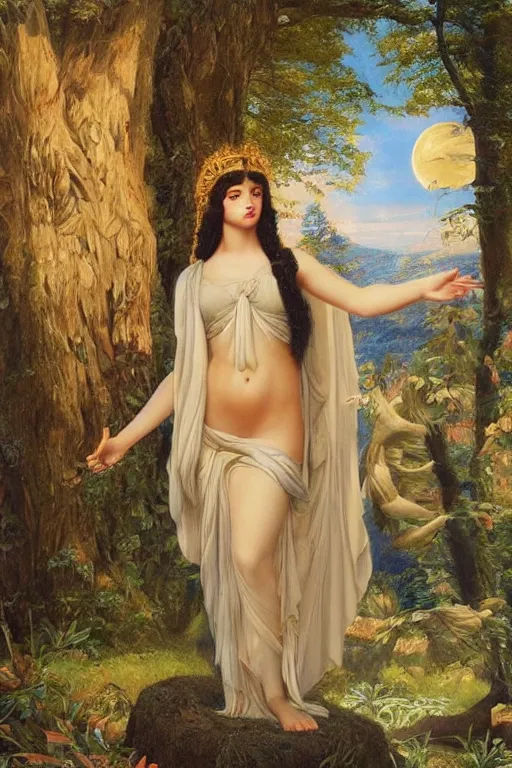 Prompt: beautiful oil painting of the goddess Artemis, forest, symmetrical face, magical, Greek myth, sunset, toga, by John William Godward and Anna Dittman, masterpiece