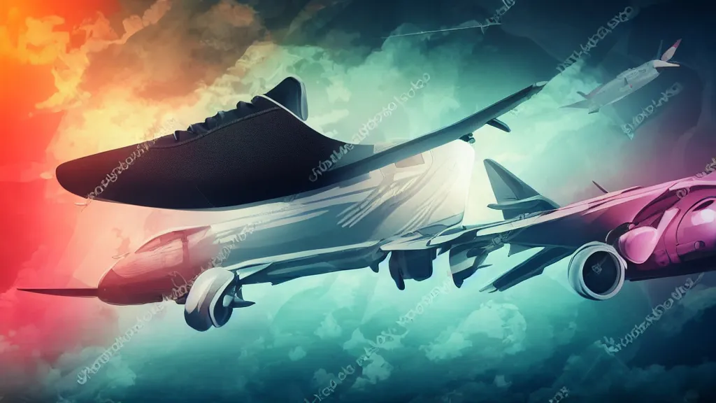 Image similar to sneaker with elements and details of plane and mechanics with futuristic colorfull background, cinematic lighting, light fog, render