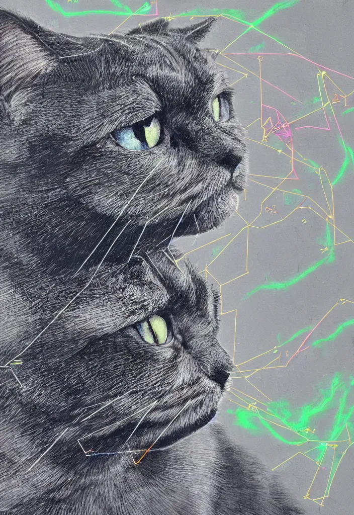 Image similar to cfa champion dark tortie scottish fold cat, stalkimg preyl, data visualization perfect geometry bezier mathematical diagrams hologram overlay revealing sparrows flight trajectory calculation, detailed annotated painting, grisaille dark monochrome with neon fluorescent color airbrush spraypaint accents, by jules julien, wes anderson, hannah af klint, risograph 4 k