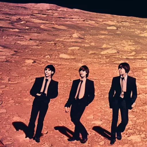 Image similar to the beatles playing a concert on mars. photograph 8 k cinematic colored