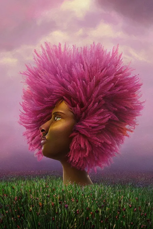 Image similar to closeup, giant flower head, black woman in heather field, surreal photography, starlight, storm clouds, impressionist painting, digital painting, artstation, simon stalenhag