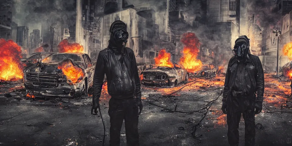Prompt: post - apocalyptic city streets, close - up shot of an anarchist with a gasmask, burned cars, explosions, colorful smoke, hyperrealistic, gritty, damaged, dark, urban photography, photorealistic, high details