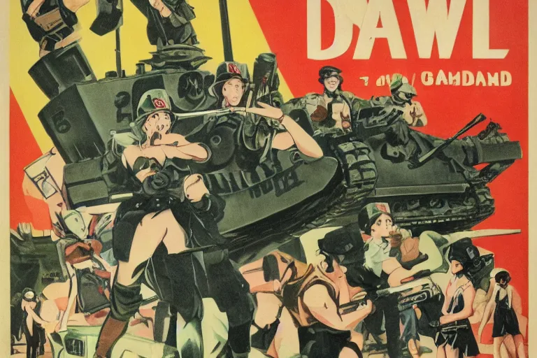 Image similar to 1940s, war, anime, poster, smiling tanks
