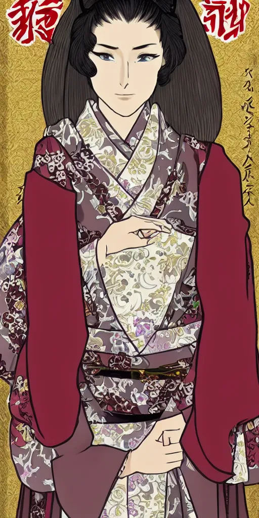 Prompt: cersei lannister japanese ukyo style, she is wearing a kimono, rice paper