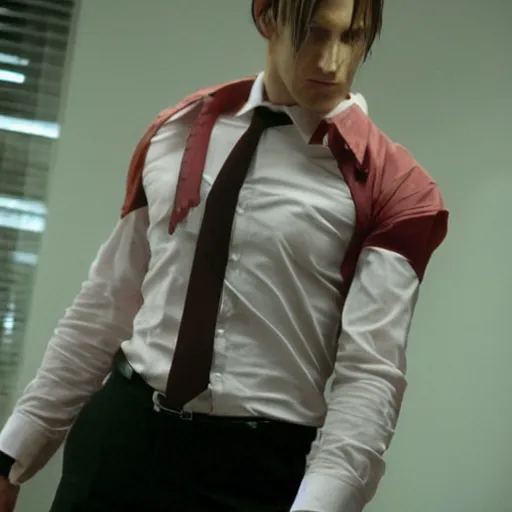 Image similar to Leon Kennedy from Resident Evil as The American Psycho, sweating intensely, cinematic still