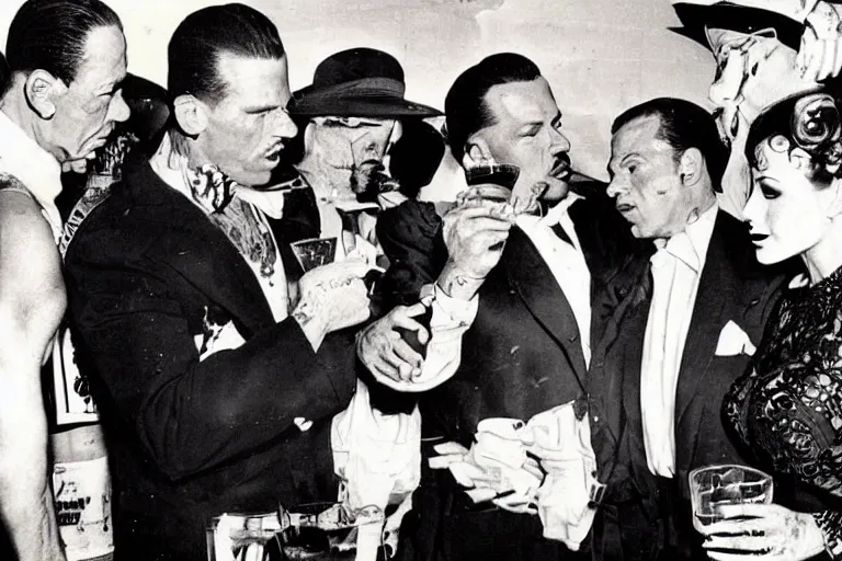 Image similar to rich piana dressed as a gangster is offered a drink at a 1 9 5 0 s party by a slim young lady, painted by phil hale and rick berry and dean cornwell and norman rockwell and jack kirby and jeremy mann