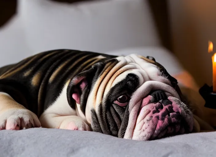 Image similar to a closeup, 4 5 mm, portrait of a sleeping english bulldog in a bed, on a pillow, candle light, 4 5 mm, by franz lanting