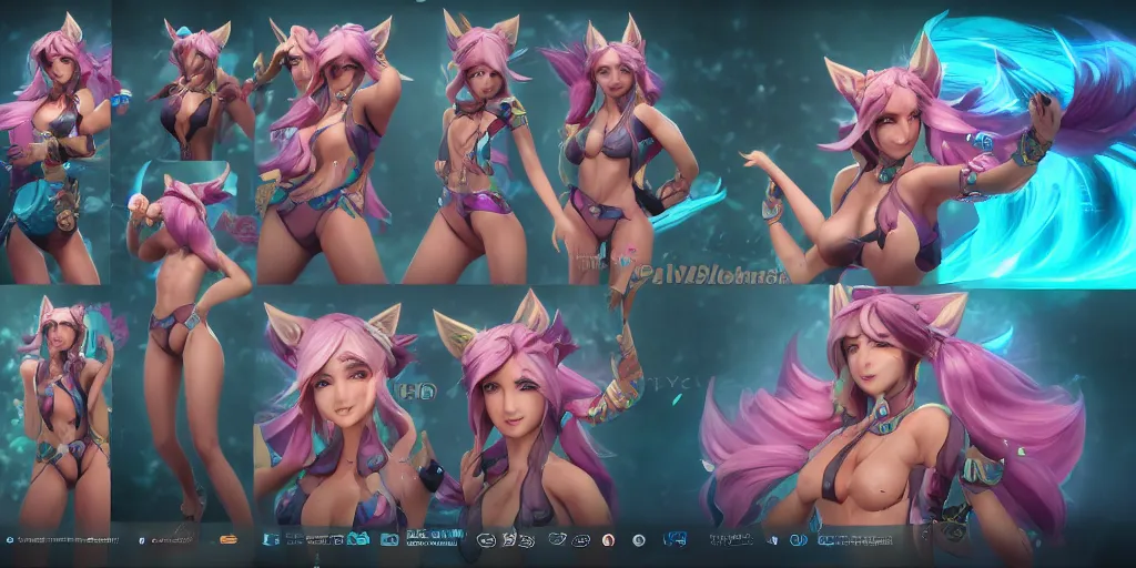 Prompt: character sheet of pool party Ahri (wild rift), multiple angles, symmetric face, 3d render, octane render, 4K, highly detailed