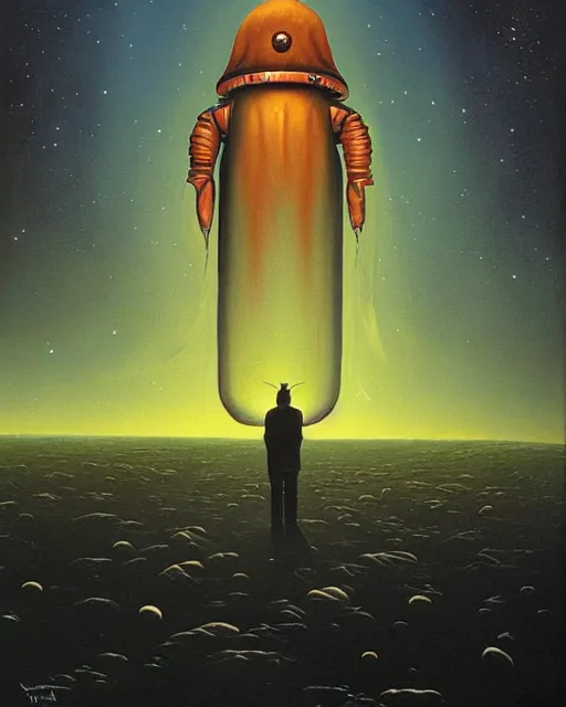 Image similar to a painting of a man standing in front of a giant alien, poster art peter elson and tim white and h. r. van dongen, cgsociety, space art, lovecraftian, cosmic horror, poster art