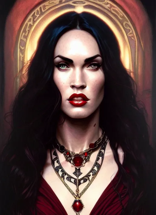 Image similar to portrait of megan fox as a vampire queen, jewelry, greek, dark ruby, intricate, headshot, highly detailed, digital painting, artstation, concept art, sharp focus, cinematic lighting, illustration, art by artgerm and greg rutkowski, alphonse mucha, cgsociety