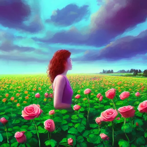 Image similar to giant rose flower as a head, full body girl sitting in a flower field, surreal photography, sunrise, dramatic light, impressionist painting, colorful clouds, digital painting, artstation, simon stalenhag