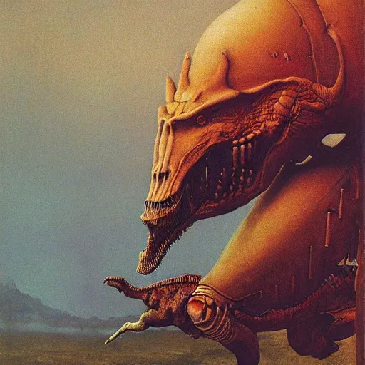 Image similar to a knight riding a dinosaur in full armor, beksinski