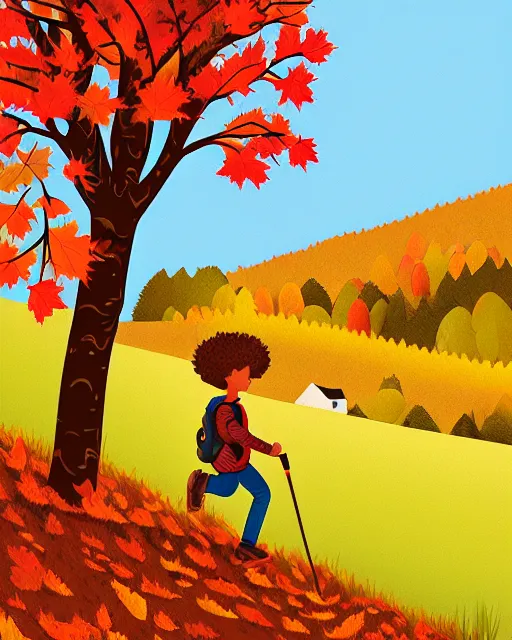 Image similar to autumn hillside boy hiking illustration detailed, by alba ballesta gonzalez