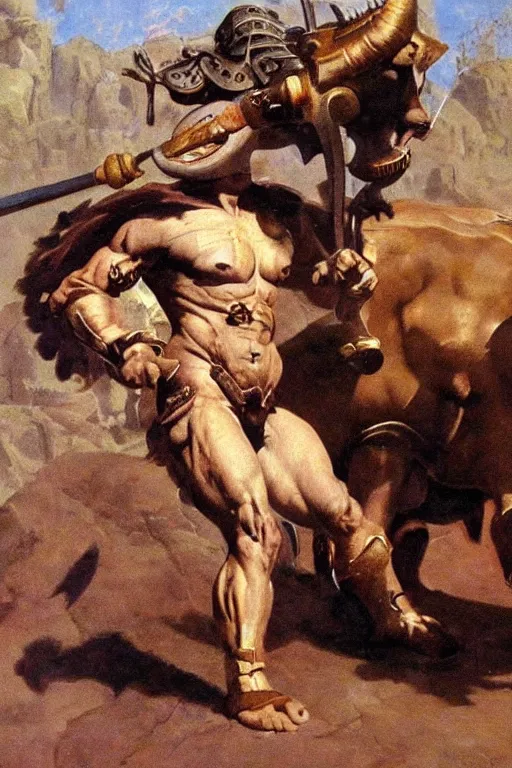 Image similar to a minotaur wearing a steel chestplate and holding a mace, human dressed as a bull, painting by frank frazetta