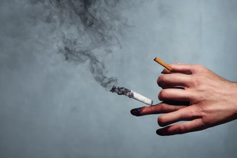 Image similar to Close-up of thin soft hand, hand with cigarette with smoke, hand with five fingers, hyper realistic, high details, photo, super resolution