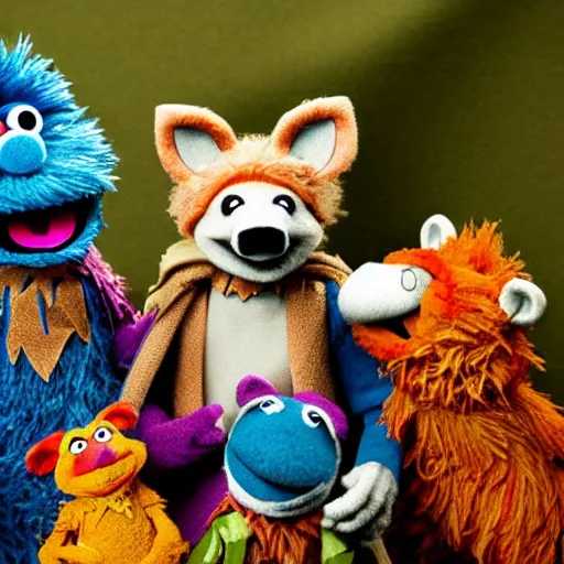 Image similar to a chibi foxfolk muppet druid wearing a hooded cloak holding a small muppet animal with a small herd of random muppet animals following behind, sesame street, photograph, photography, ultrarealistic, national geographic