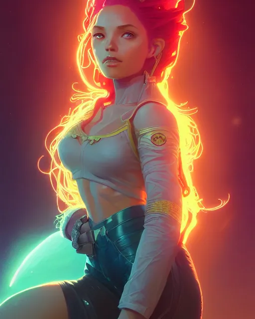 Image similar to highly detailed portrait of starfire, stephen bliss, unreal engine, greg rutkowski, loish, rhads, beeple, makoto shinkai and lois van baarle, ilya kuvshinov, rossdraws, tom bagshaw, alphonse mucha, global illumination, detailed and intricate environment