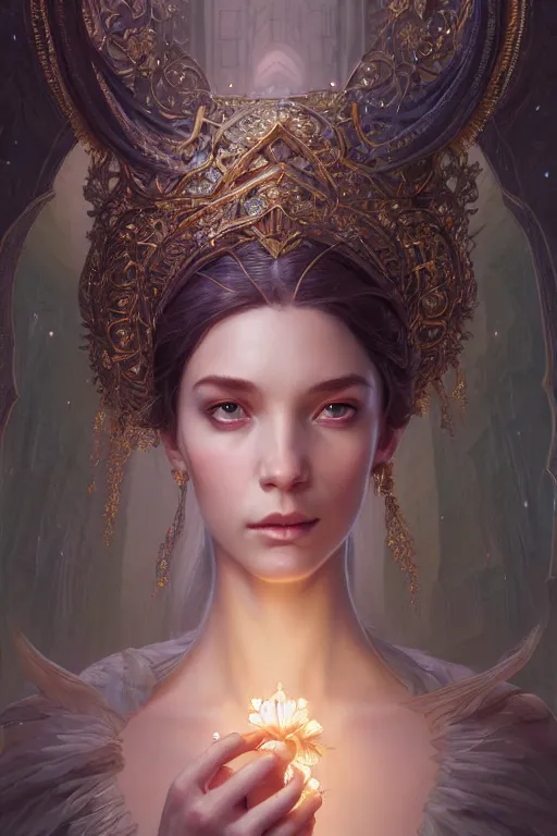 Image similar to highly detailed portrait of beautiful ethereal woman in ornate clothing, stephen bliss, unreal engine, fantasy art by greg rutkowski, loish, rhads, ferdinand knab, makoto shinkai and lois van baarle, ilya kuvshinov, rossdraws, tom bagshaw, global illumination, radiant light, detailed and intricate environment