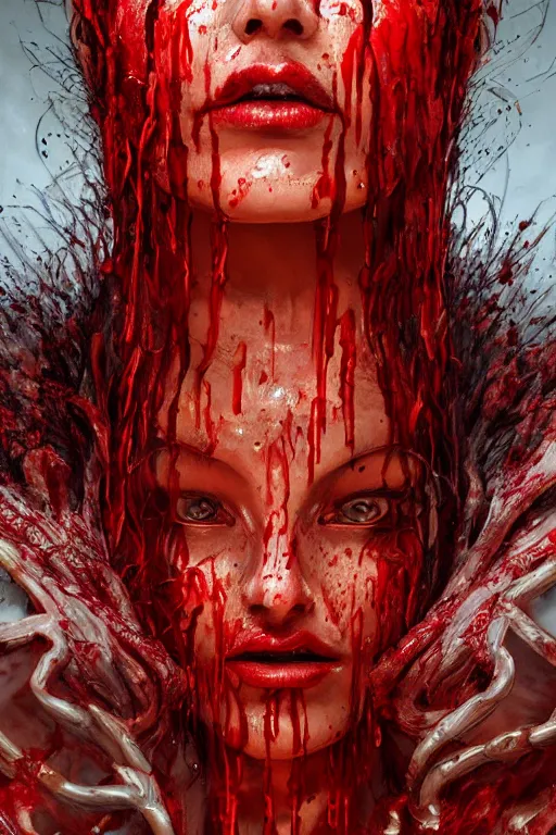 Image similar to Fantasy character portrait of distorted detailed painting of a queen woman made of blood drips, octane render, hyper detailed, red flames, trending on Artstation, 8k resolution, full HD, cinematic lighting, award winning, anatomically correct