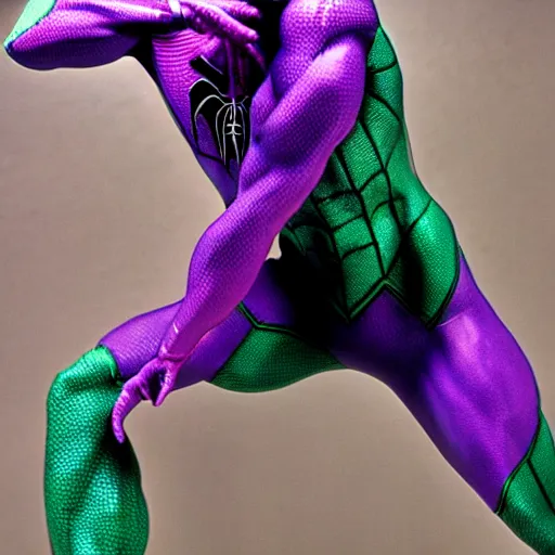 Image similar to purple and green spiderman suit by todd mcfarlane