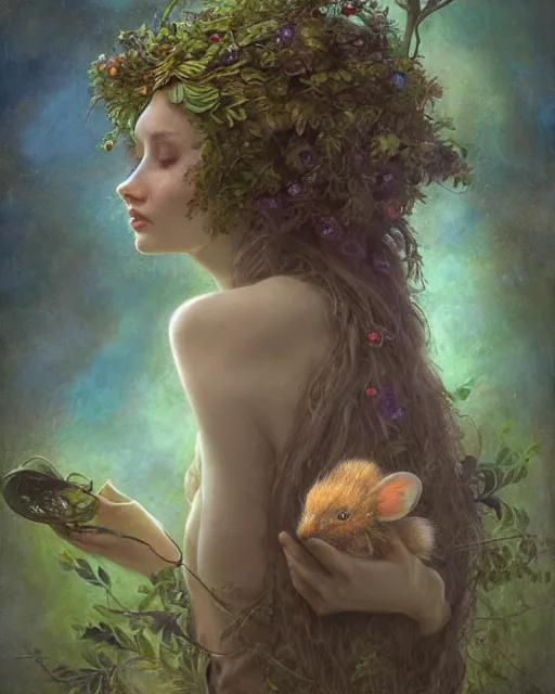 Image similar to dryad musician inspired by brian froud, portrait, accompanied by a cute feathered mouse, studio lighting by jessica rossier and brian froud and gaston bussiere