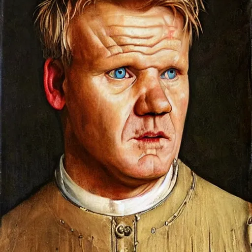 Prompt: portrait of gordon ramsay, oil painting by jan van eyck, northern renaissance art, oil on canvas, wet - on - wet technique, realistic, expressive emotions, intricate textures, illusionistic detail