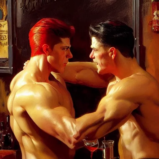 Image similar to attractive muscular male with red hair and muscular attractive male with black hair, drinking their hearts out, in a pub. very defined and highly detailed painting by j. c. leyendecker, gaston bussiere, craig mullins 8 k