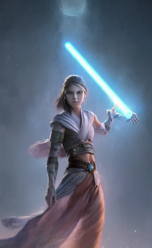 Image similar to a girl from final fantasy live action, jedi warrior, evocative, mystical night, very very very very detailed, award winning, masterpiece digital painting by greg rutkowski, alex grey, artstation, 4 k wallpaper