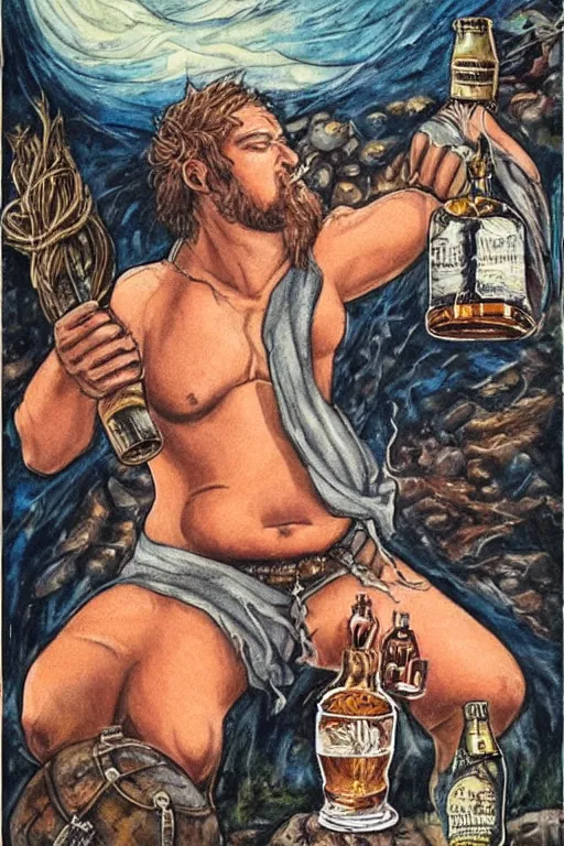 Prompt: a dramatic, epic, ethereal tarot painting of a (!!!!!!handsome!!!!!!) thicc chunky beefy mischievous shirtless with a big beer belly wearing a large belt and bandana offering a whiskey bottle | he is a cowboy relaxing by a campfire | background is a late night with food and jugs of whisky | homoerotic | stars, tarot card, art deco, art nouveau, intricate | by Mark Maggiori (((and Alphonse Mucha))) | trending on artstation