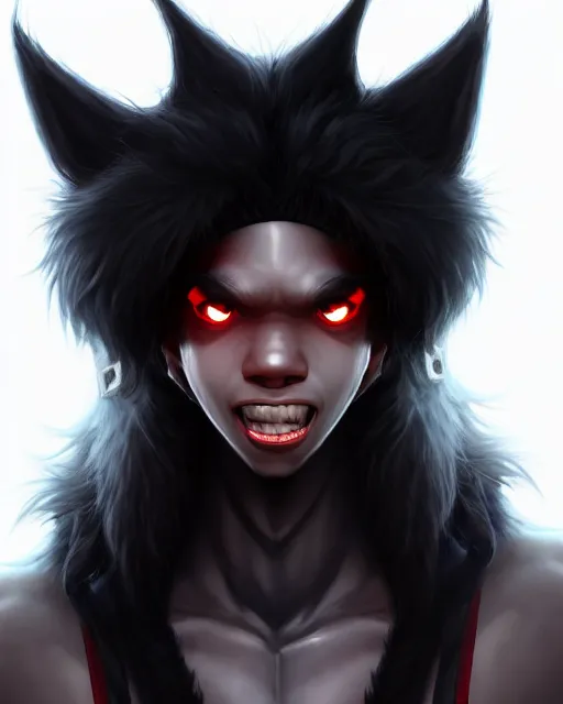 Image similar to character concept art of a black anthropomorphic furry male wolf with long red hair, futuristic | | cute - fine - face, pretty face, key visual, realistic shaded perfect face, fine details by stanley artgerm lau, wlop, rossdraws, james jean, andrei riabovitchev, marc simonetti, and sakimichan, artstation