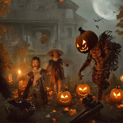 Prompt: halloween celebration, 8 k octane beautifully detailed render, post - processing, extremely hyper - detailed, intricate, epic composition, cinematic lighting, masterpiece, trending on artstation, masterpiece, stunning art by anders zorn, wonderful masterpiece by greg rutkowski, beautiful cinematic