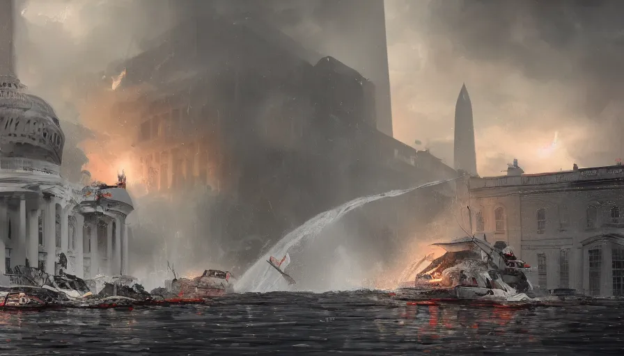 Prompt: washington dc underwater, lifeboat, rescue, damaged collapsed buildings, white house on fire, storm, fire and ashes, hyperdetailed, artstation, cgsociety, 8 k