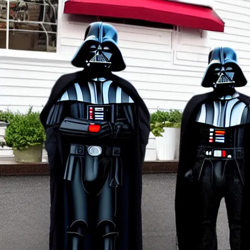 Prompt: paparazzi photo of darth vader, trump and putin at a coffee shop