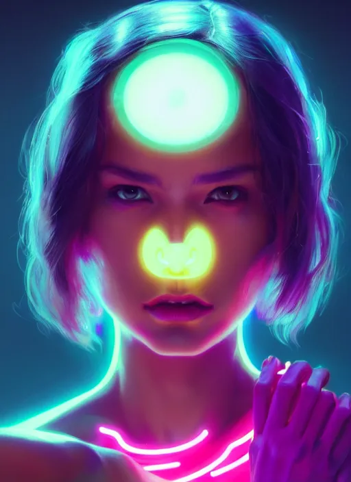 Image similar to beautiful neon woman, by greg rutkowski, symmetry, concept art by artgerm, distance render portrait of a hyper realistic, pixar, intense, epic, powerfull, alphonse mucha, octane render, highly detailed, high quality, 8 k, soft lighting, path traced, and uang guangjian and gil elvgren, symmetry!!