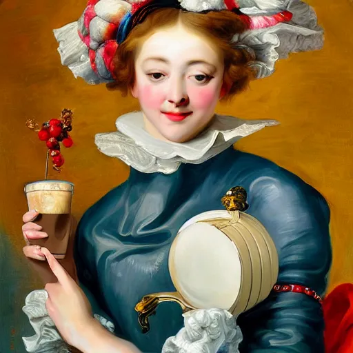 Image similar to heavenly summer sharp land sphere scallop well dressed lady holding a starbucks coffee cup, auslese, by peter paul rubens and eugene delacroix and karol bak, hyperrealism, digital illustration, fauvist,