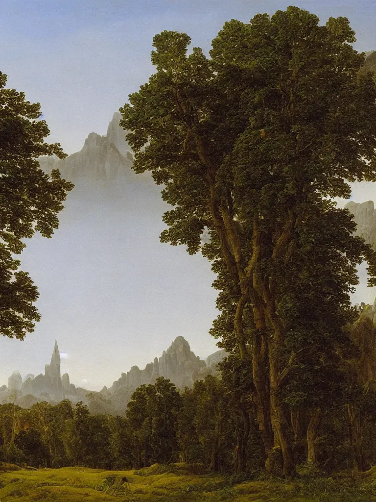 Prompt: A painting of a catherdral in nature, trees, mountains in the distance, by Caspar David Friedrich