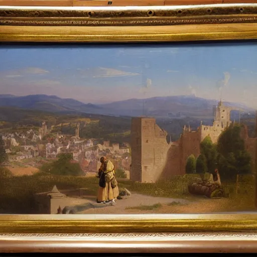 Prompt: a painting of a medieval town on top of a mountain, a matte painting by Charles Cundall,hudson river school, matte painting, rococo, detailed painting