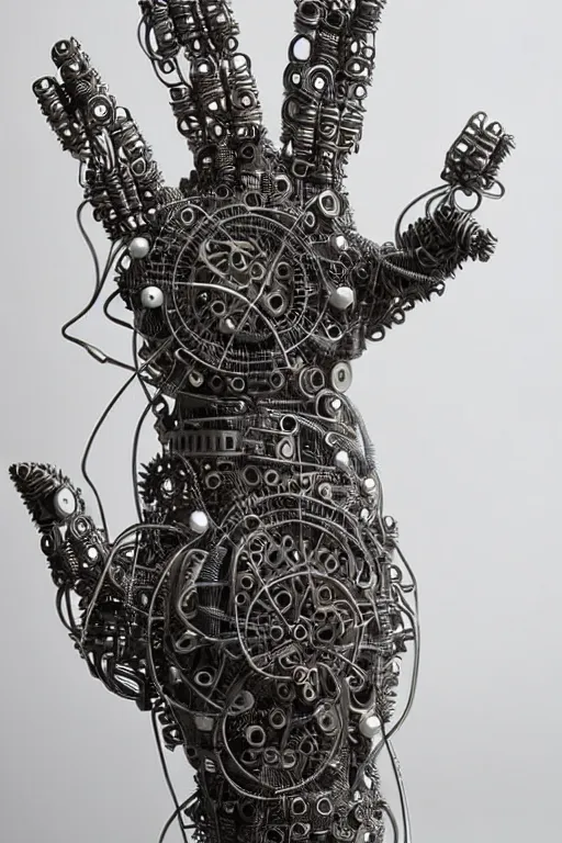 Image similar to cybernetic robotic hand made of intricate gears, wires and ceramics, engraved with sanskrit writing