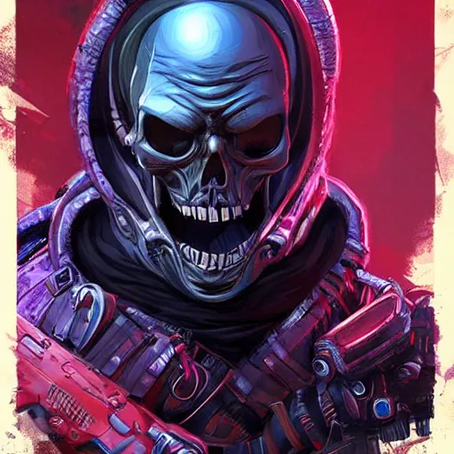 Prompt: a menacing skull face somali space pirate, Apex Legends character digital illustration portrait design, by android jones, detailed, cinematic lighting, wide angle action dynamic portrait