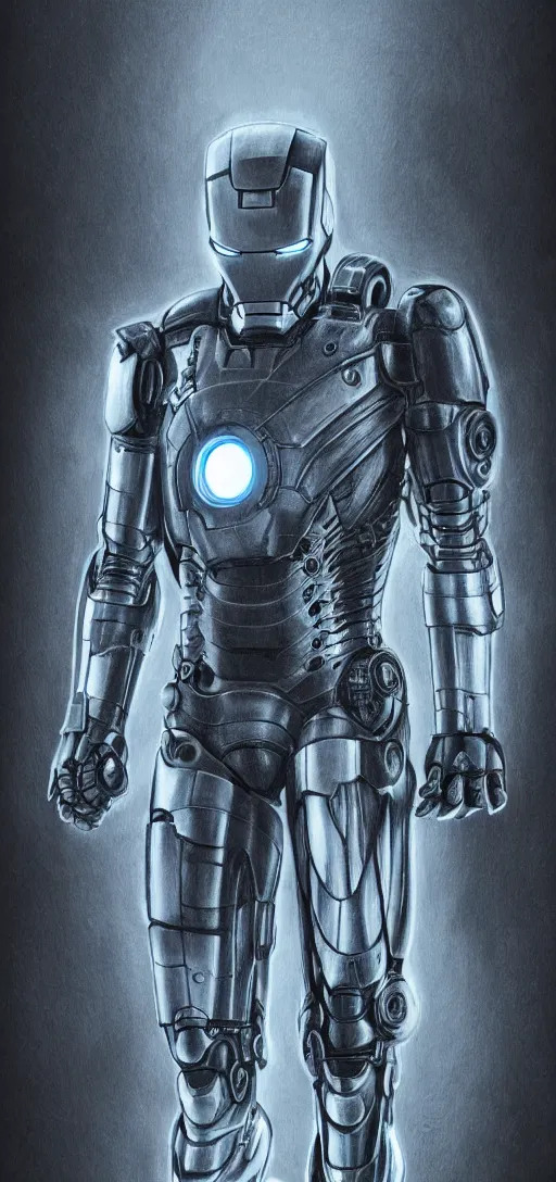 Prompt: steampunk, H.R. Giger design of Iron Man, full body and head, drawing on pencil, ornate, details, smooth, sharp focus, illustration, realistic, cinematic, artstation, award winning, rgb, ethereal blue lighting, 8K,