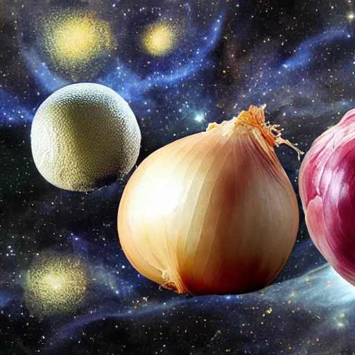 Prompt: The universe evolving causally depicted as layers on an onion