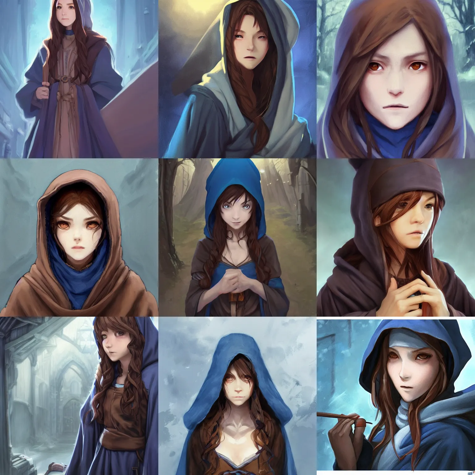Prompt: portrait of a female wizard with brown hair wearing a blue hood and blue robe exploring a dark and sinister medieval village, half body, single subject, ambient lighting, highly detailed, digital painting, trending on pixiv fanbox, studio ghibli, extremely high quality artwork, art by ross tran and artgerm and makoto shinkai