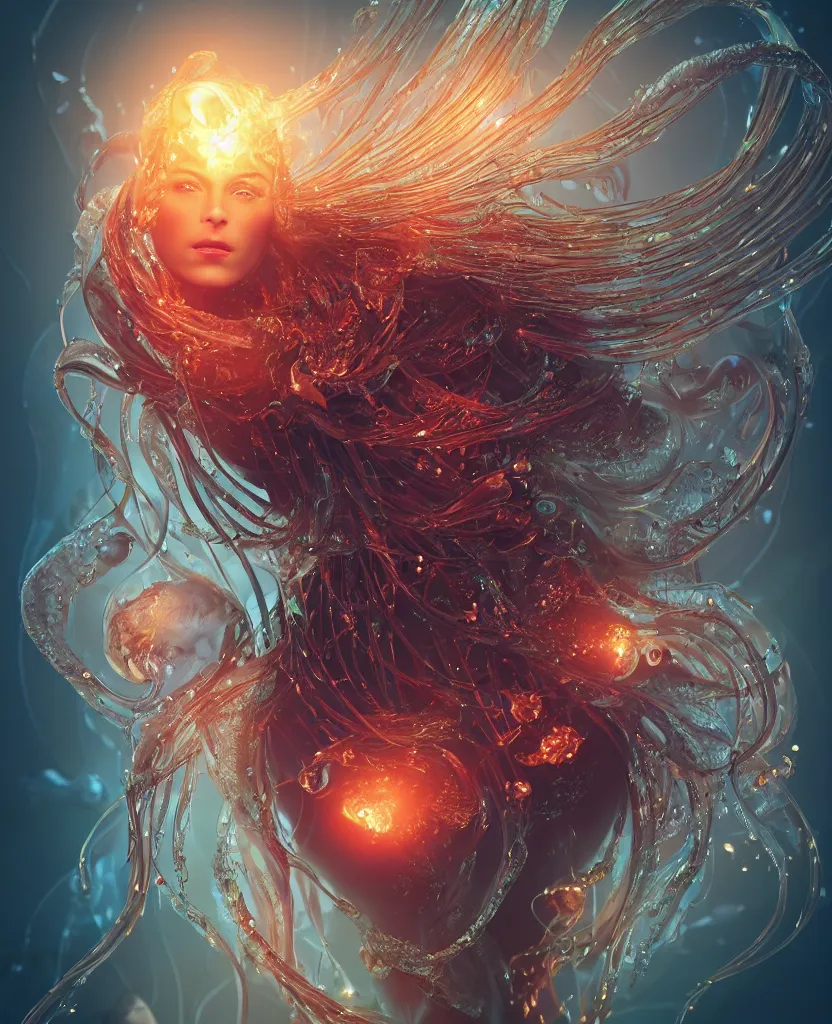 Prompt: close-up macro portrait of the face of a beautiful princess, epic angle and pose, symmetrical artwork, 3d with depth of field, blurred background, cybernetic jellyfish female face skull phoenix bird, translucent, nautilus, energy flows of water and fire. a highly detailed epic cinematic concept art CG render. made in Maya, Blender and Photoshop, octane render, excellent composition, cinematic dystopian brutalist atmosphere, dynamic dramatic cinematic lighting, aesthetic, very inspirational, arthouse. y Greg Rutkowski, Ilya Kuvshinov, WLOP, Stanley Artgerm Lau, Ruan Jia and Fenghua Zhong