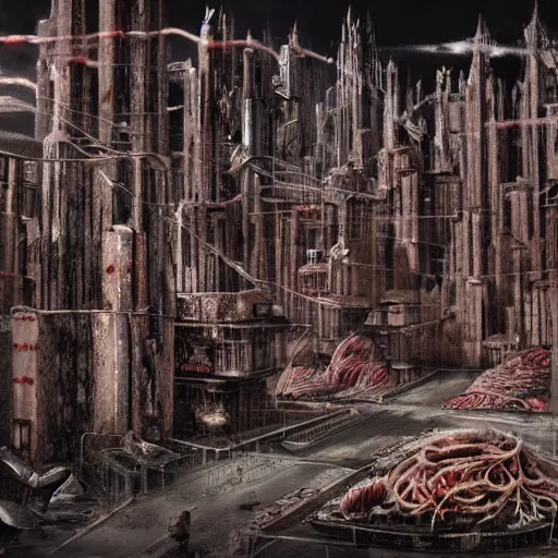 Prompt: a city made of meat, concept art by giger, cgsociety, assemblage, greeble, grotesque