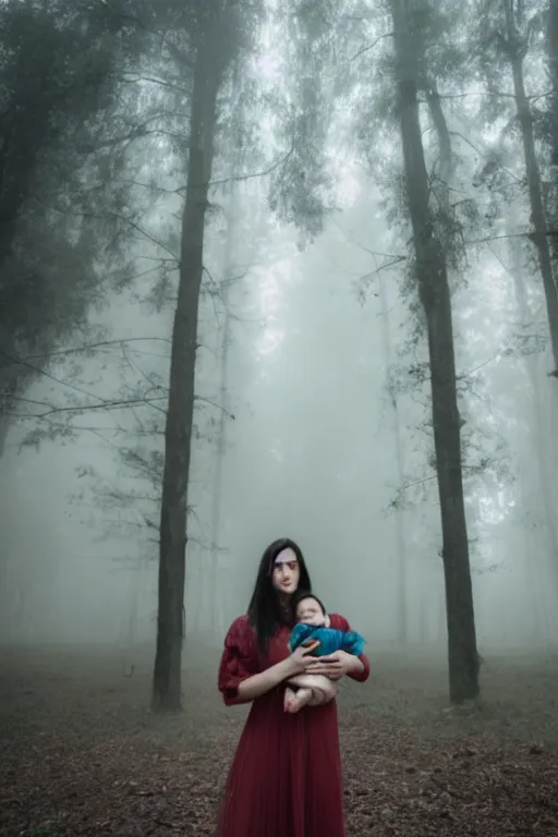 Image similar to a cinematic photo of a young woman with dark hair holds a baby in a dark, foggy forest, masterpiece