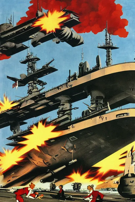 Prompt: full page illustration of tintin tearing apart an aircraft carrier, by alex ross, phil hale,