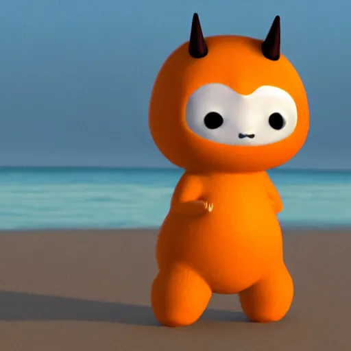 Image similar to final render made with blender of a cute yellow and orange kawaii demon with slow eyes and little fangs standing on a beach, by pixar and studio ghibli