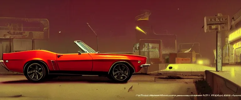 Image similar to Ermine White Chevrolet Camaro Z28 Convertible (1967), red interior, a gritty neo-noir, dramatic bright lighting, cinematic, establishing shot, extremely high detail, photorealistic, cinematic lighting, artstation, by simon stalenhag, Max Payne (PC) (2001)